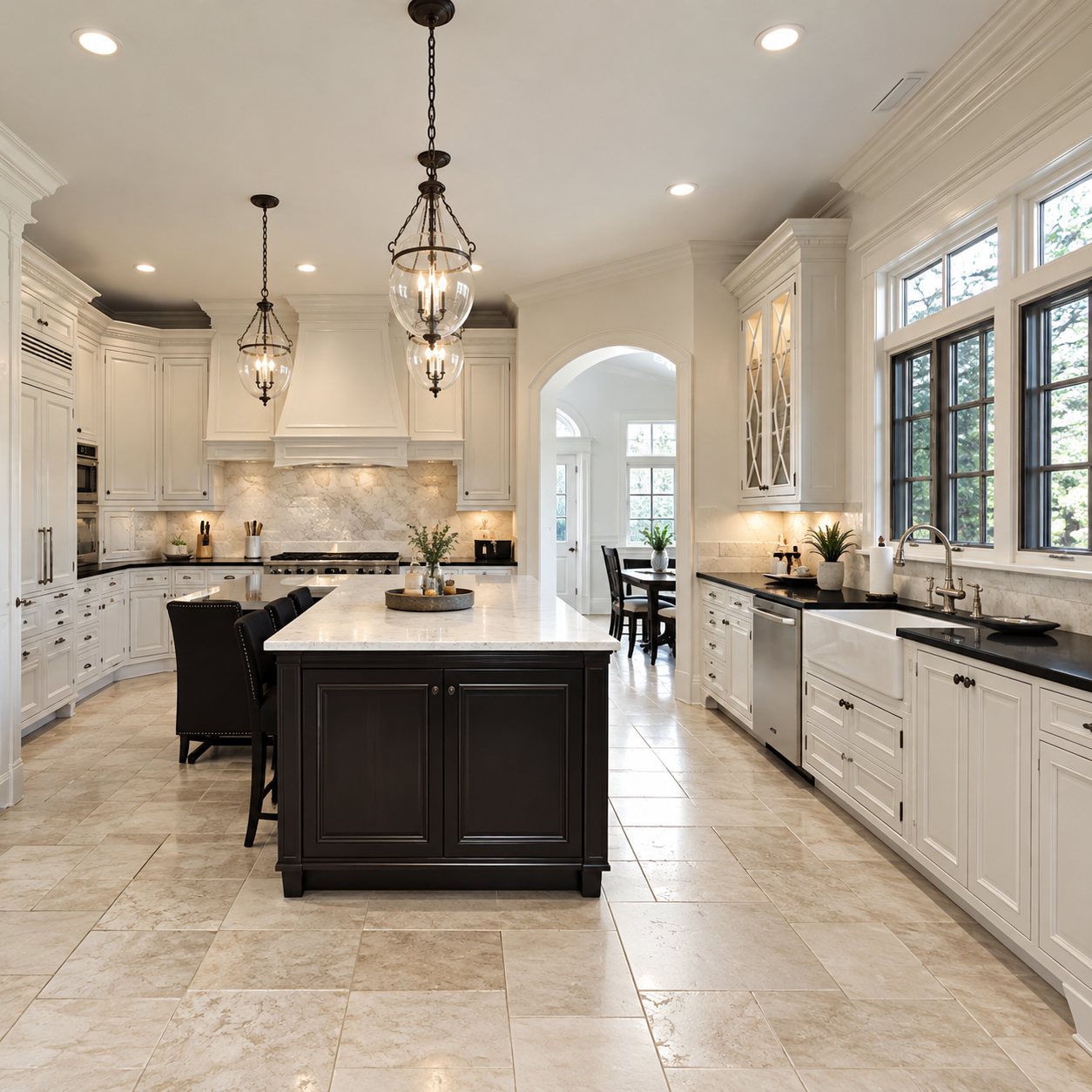 White kitchen cabinets surrounding a dark island beneath glass pendants